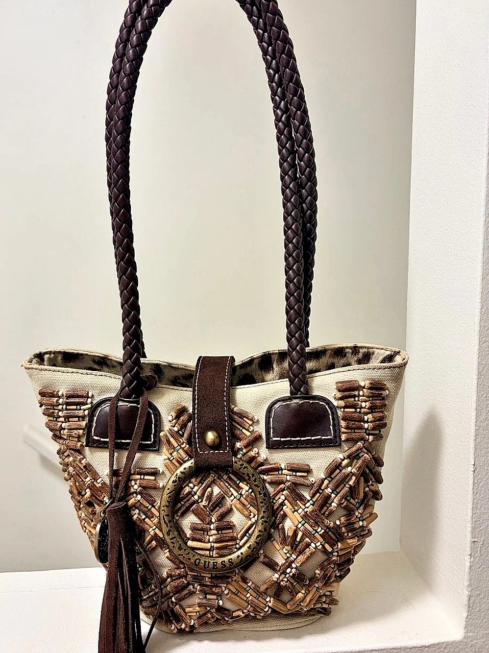 GUESS Beaded Tote Bag in Brown & Cream